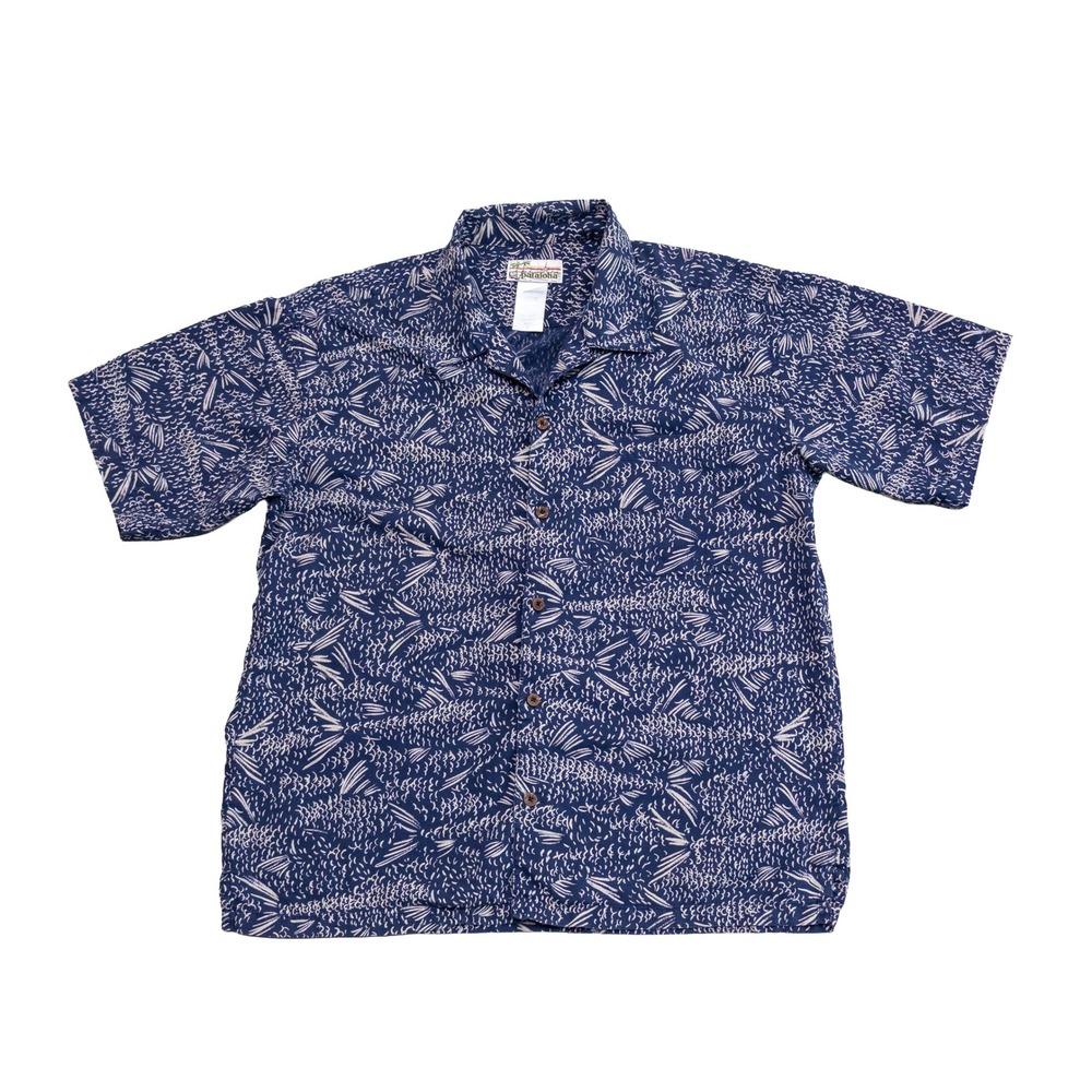 VNTG Patagonia Pataloha Mens Large Flying Fish Print Navy Button Down Shirt L
